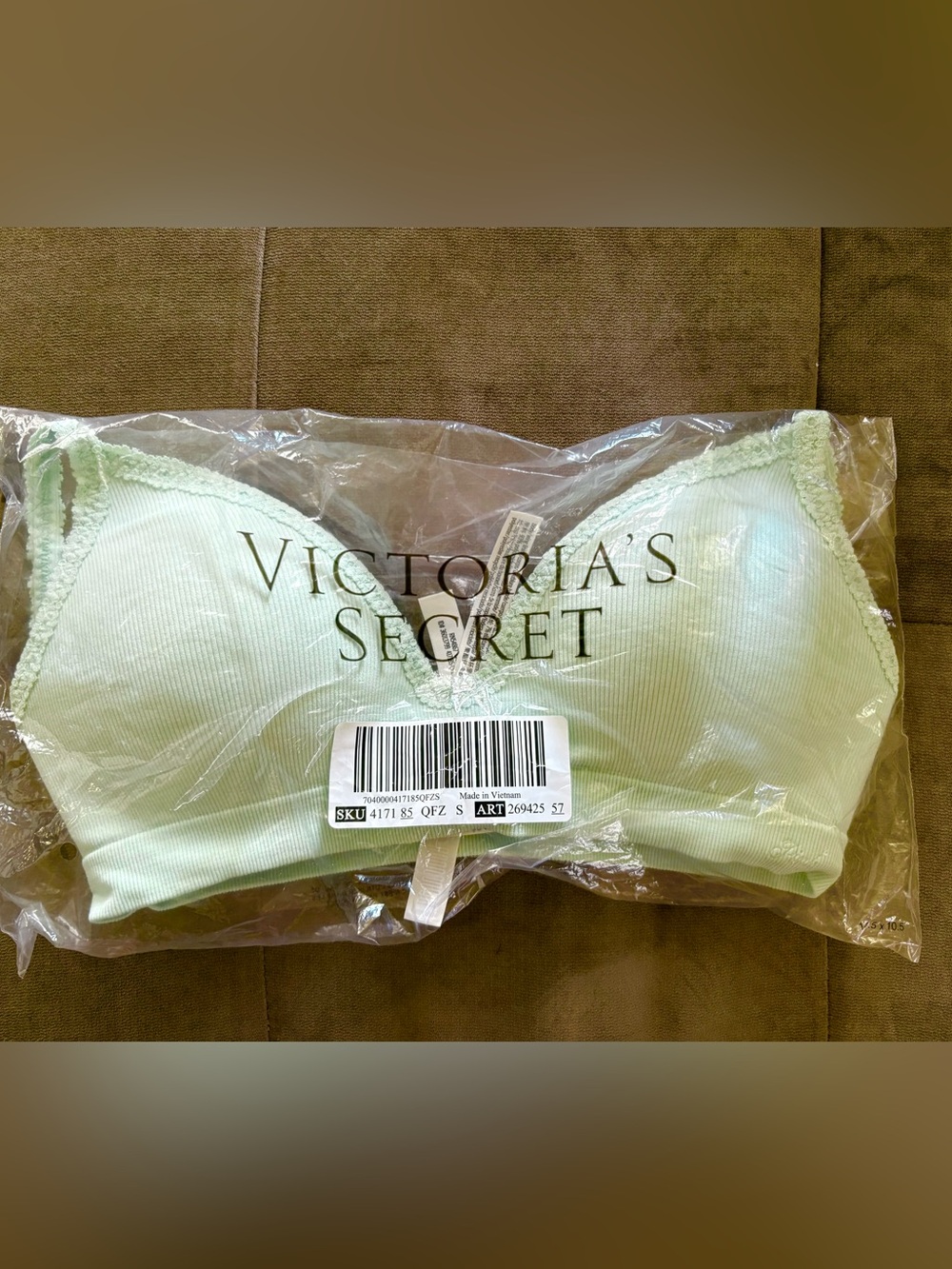 PINK by Victoria's Secret Mint Green Ribbed Lace-Trim Bralette, Wire Free, Sz. S